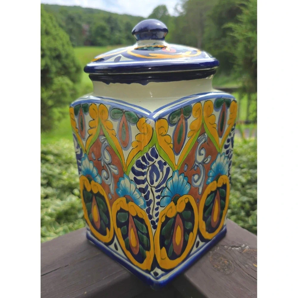 Vintage La Maceta Mexican Talavera Canister Jar with Lid Hand Painted Pottery